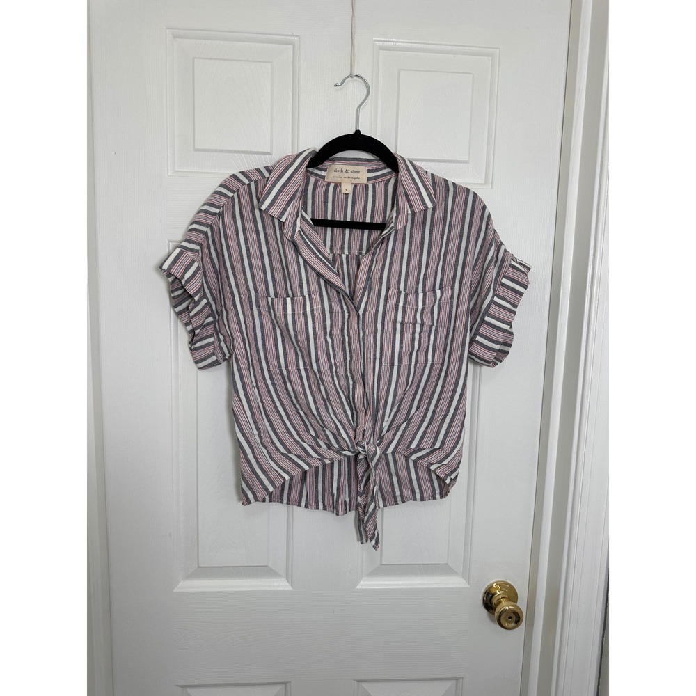 Cloth & Stone Striped Tie Front Linen Blend Button Down Shirt Navy Red White S